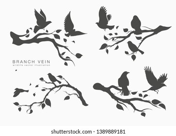 figure set flock of flying birds on tree branch