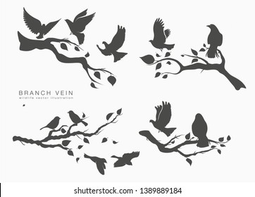 figure set flock of flying birds on tree branch
