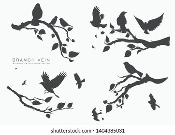 figure set flock of flying birds on tree branch