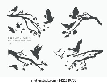 figure set flock of flying birds on tree branch