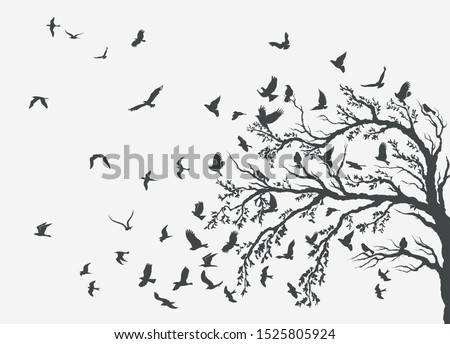 figure set flock of flying birds on tree branch