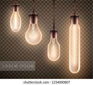 figure set of a luminous light bulb on a transparent background