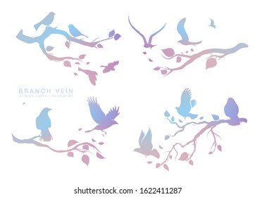 figure set multicolored flock of flying birds on tree branch