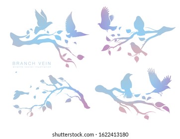 figure set multicolored flock of flying birds on tree branch