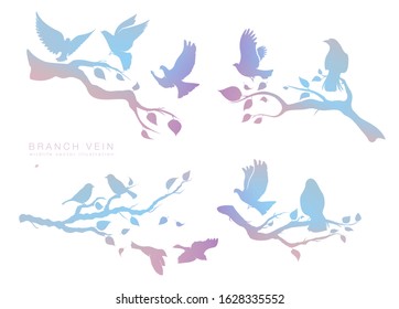 figure set multicolored flock of flying birds on tree branch