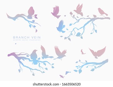 figure set multicolored flock of flying birds on tree branch