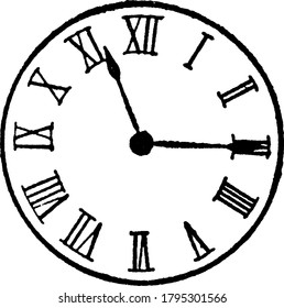 Figure showing analogue clock with roman numbers, and its fifteen past eleven on the clock, vintage line drawing or engraving illustration.