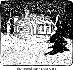 Figure showing a blizzard brought snowfalls so deep that home had snow up, vintage line drawing or engraving illustration.