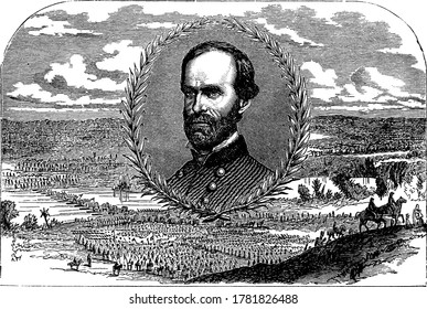 Figure showing General William Tecumseh Sherman, he was a Union general during the American Civil War, vintage line drawing or engraving illustration.