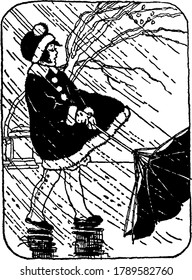 Figure showing a girl walking in strong wind and heavy rain holding inside out umbrella, vintage line drawing or engraving illustration.