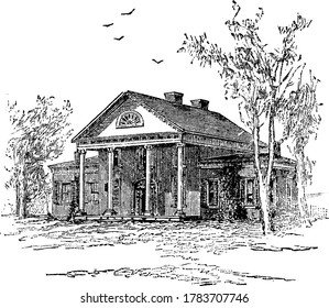 Figure showing John Lawrence Marye House during American civil war, Marye was a lawyer and Confederate soldier., vintage line drawing or engraving illustration.  svg