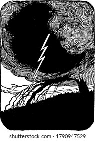 Figure showing a lightning bolt during thunderstorm destroyed a tree, vintage line drawing or engraving illustration.