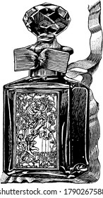 Figure showing modern perfume bottle with decoration on it and is made in paris, vintage line drawing or engraving illustration.