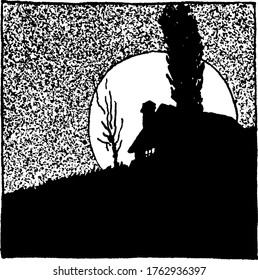 La figura que muestra la luna aparece completamente iluminada desde la perspectiva de la tierra en la noche, dibujo vintage de líneas o ilustración de grabado.