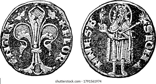 Figure showing the obverse and reverse sides of Gold florin, The gold florin of the Republic of Florence was the strongest currency in Europe, vintage line drawing or engraving illustration.