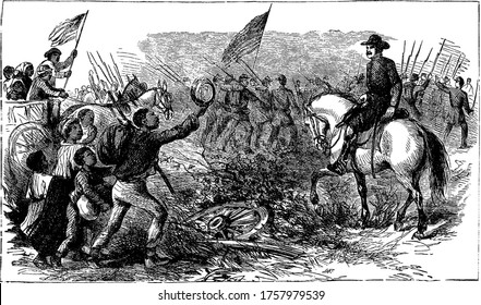 Figure showing slaves running away and seeking to gain freedom, vintage line drawing or engraving illustration.