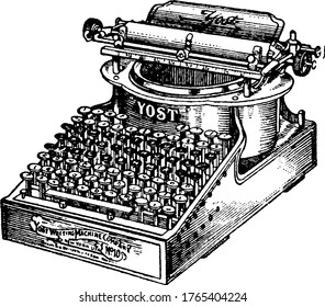 Figure showing typewriter made out by yost writing machine company, it is used for writing characters similar to those made by printers, vintage line drawing or engraving illustration.