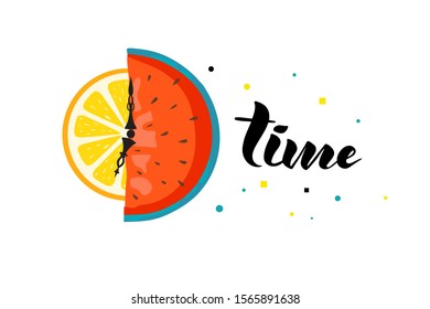 The figure shows the clock in the form of fruit, the word - time, these elements can be used as a symbol of time management and health time or fresh in articles or thematic posts.