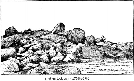 figure shows a frontal moraine, which is type of moraine formed at the front of the glacier, vintage line drawing or engraving illustration.