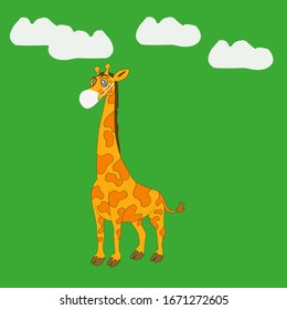 The figure shows a giraffe with a bandage, a giraffe is ill, a virus, a coronavirus. Treatment of sick animals