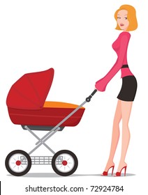 the figure shows  a girl with a baby carriage
