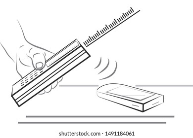 The figure shows a hand holding a laser equipment for measuring distance. Nearby lies the telephone. vector