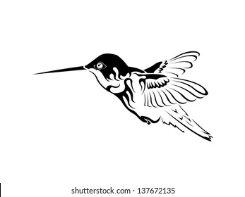 The figure shows a hummingbird hovering in black and white.