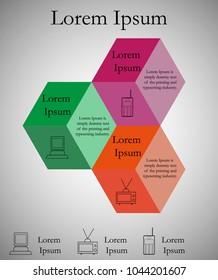 The figure shows an infographic in dice. Infographics with text, with icons in three colors.