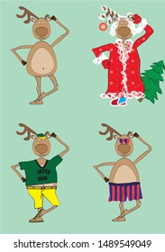 The figure shows a one-horned deer. with three replaceable clothes (on the beach, on the new year, summer). vector drawing