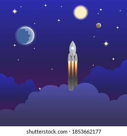 The figure shows a rocket flying towards unknown planets.