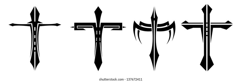 The figure shows a set of black and white tattoos in the form of crosses.