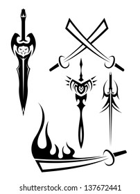 The figure shows a set of black and white tattoos in the form of weapons.