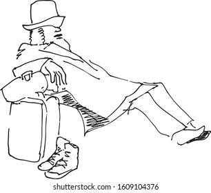 The figure shows a sleeping religious Jew awaiting a plane at the airport. Sleeping man in a hat and with a suitcase. The man took off his shoes. Isolated vector illustration Black on white.