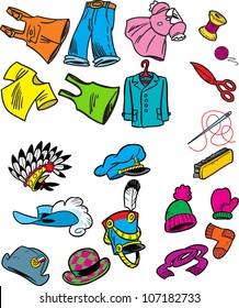 A figura mostra alguns tipos de chapéus, roupas e costura em um estilo de desenho animado.Desenho feito em camadas separadas.