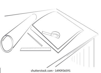 The figure shows a table. on the table paper, pencil, ruler, meter, drawing. pencil vector drawing
