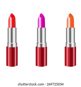 The figure shows three lipsticks in different colors. red, purple, orange