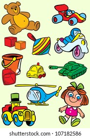 The figure shows toys in a cartoon style. Illustration made on individual layers.