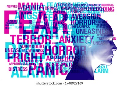 A figure side silhouette overlaid with various sized semi-transparent overlapping text themed towards Mental Health and Illness.