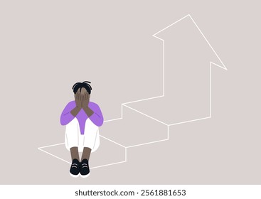 A figure sits with their head in their hands, embodying the emotional turmoil of confronting obstacles on a journey of self-improvement, against a backdrop of upward steps