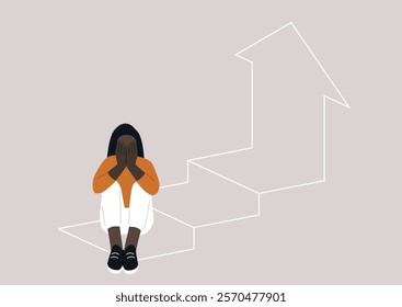 A figure sits with their head in their hands, embodying the emotional turmoil of confronting obstacles on a journey of self-improvement, against a backdrop of upward steps