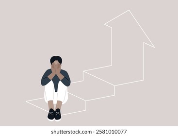 A figure sits with their head in their hands, embodying the emotional turmoil of confronting obstacles on a journey of self-improvement, against a backdrop of upward steps