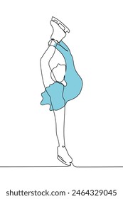 figure skater in a blue dress performs a Biellmann spin - one line art vector. concept of a female figure skater performing at competitions