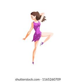 Figure skater girl in purple dress skating, female sportsman character on ice skating, active sport lifestyle vector Illustration on a white background