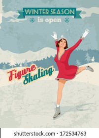 Figure skater girl skating on ice rink. Vintage sports poster