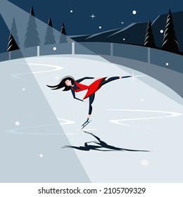 A figure skater on an outdoor skating rink. Vector illustration