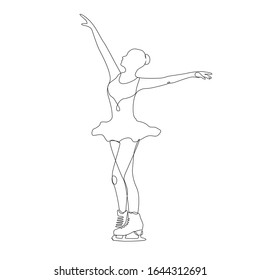 Figure skater one line drawing on white isolated background. A young woman is dancing. Vector illustration