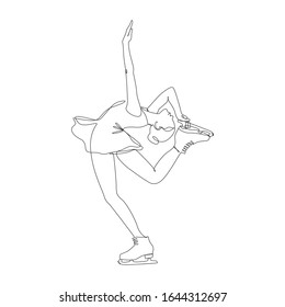 Figure skater one line drawing on white isolated background. A young woman is dancing. Vector illustration