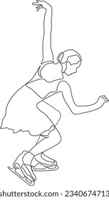 Dibujo de una línea de patinaje artístico sobre fondo aislado blanco. Una mujer joven está bailando.