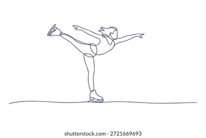 Eiskunstläufer, der eine anmutige Pose auf Eis mit einem ausgestreckten Bein und ausgestreckten Armen beim Schlittschuhlaufen spielt