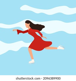 figure skater in a red dress and white skates is skating on the ice